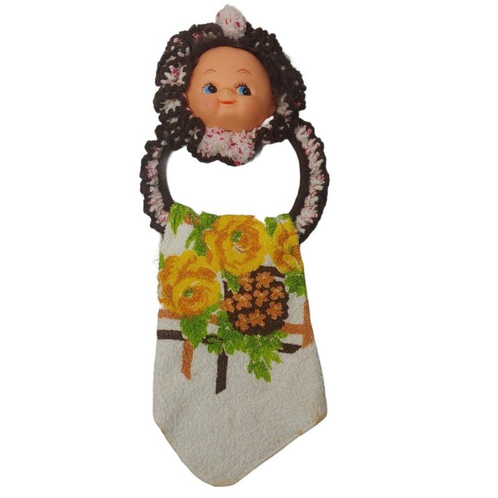 Vintage Towel Hanger Homemade Crochet Plastic Baby Face Kitschy Kitchen